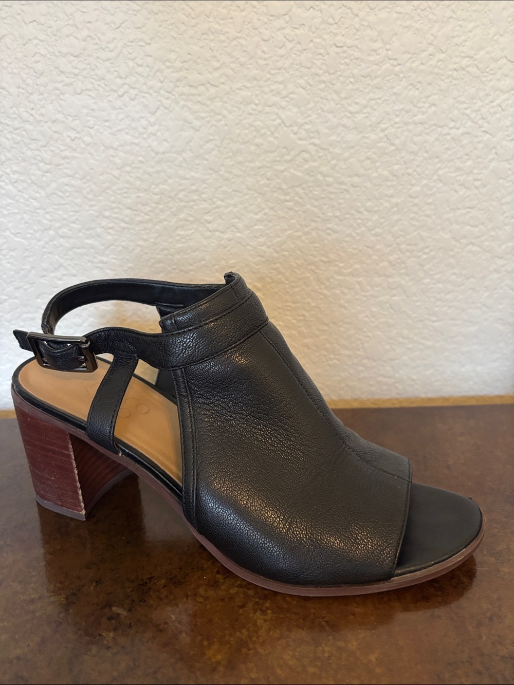Franco Sarto Black Leather Harlet Peep-Toe Slingback Sandals